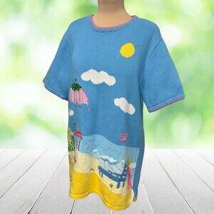 Vintage QUACKER FACTORY Beach Scene Sweater Tunic Embroidered Artwear Size L